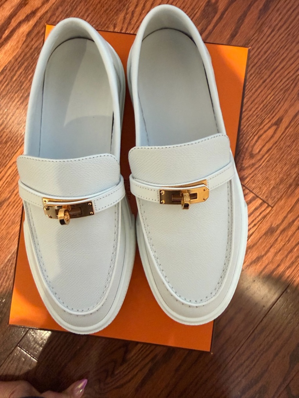 Hermes White Leather Loafers with Gold Lock Hardware